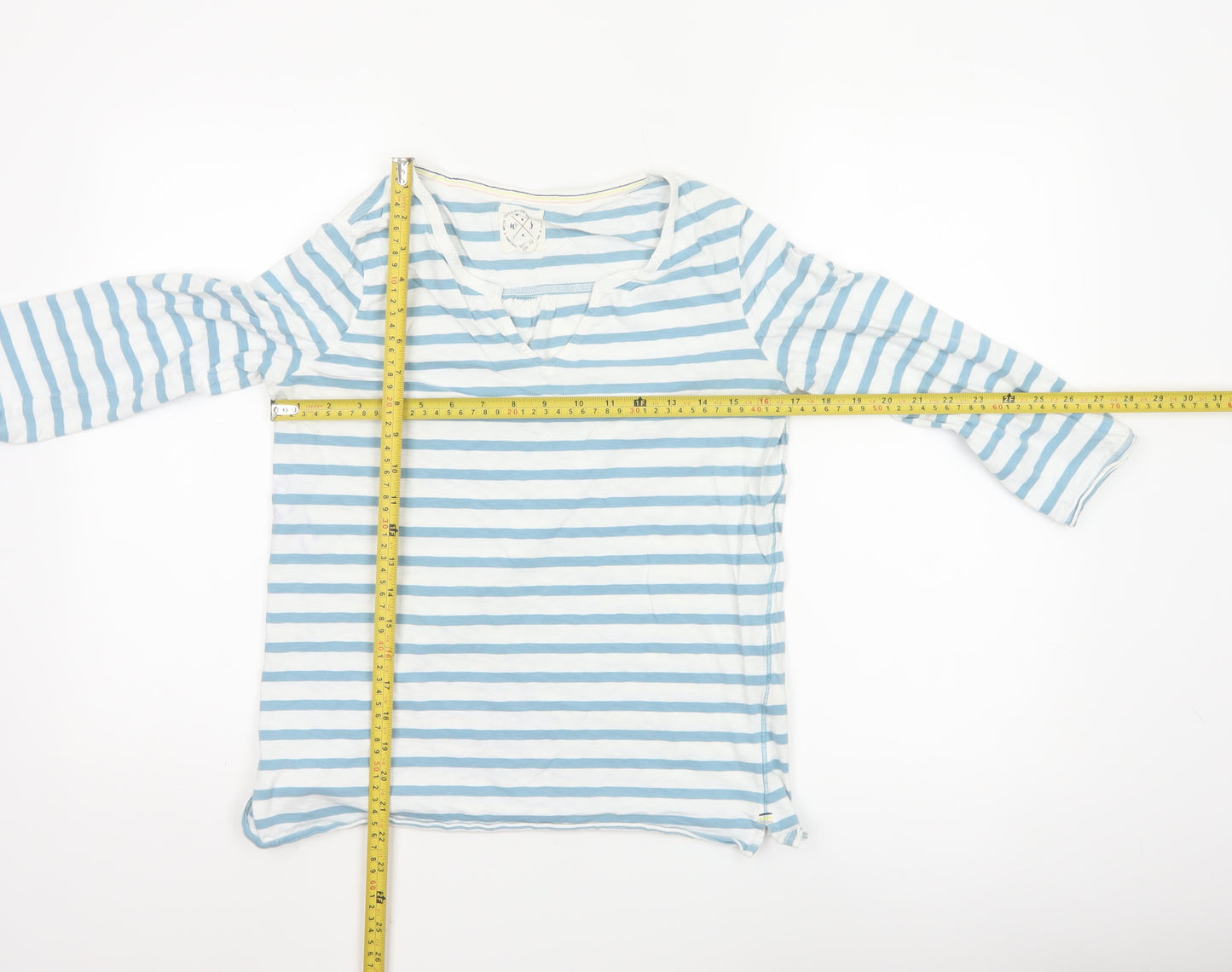 White Stuff Womens Blue Striped Cotton 3/4 Sleeve T-Shirt Size 10