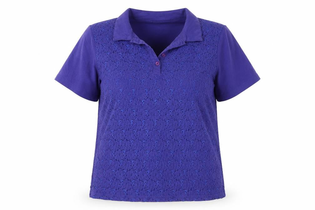 Front view of Cotton Traders Women's Purple Lace Polo Blouse, size 10