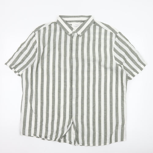 Marks and Spencer Men’s Green Striped Linen Blend Short Sleeve Shirt 2XL Regular Fit