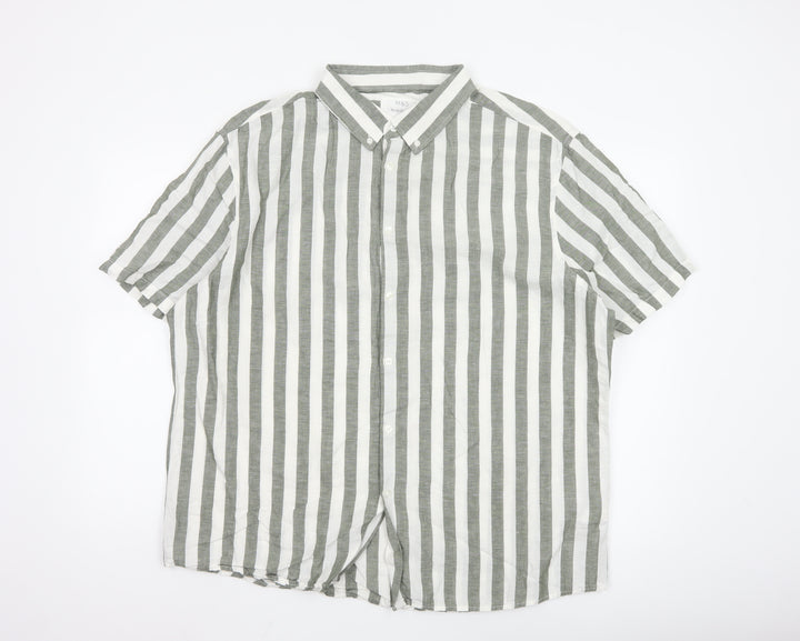Marks and Spencer Men’s Green Striped Linen Blend Short Sleeve Shirt 2XL Regular Fit