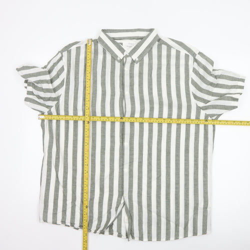 Marks and Spencer Men’s Green Striped Linen Blend Short Sleeve Shirt 2XL Regular Fit