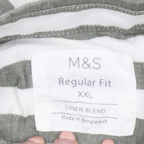 Marks and Spencer Men’s Green Striped Linen Blend Short Sleeve Shirt 2XL Regular Fit