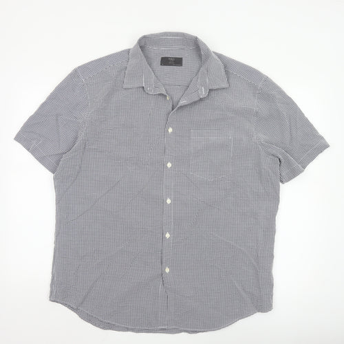 Marks and Spencer Men's Blue Check Regular Fit Short Sleeve Shirt XL