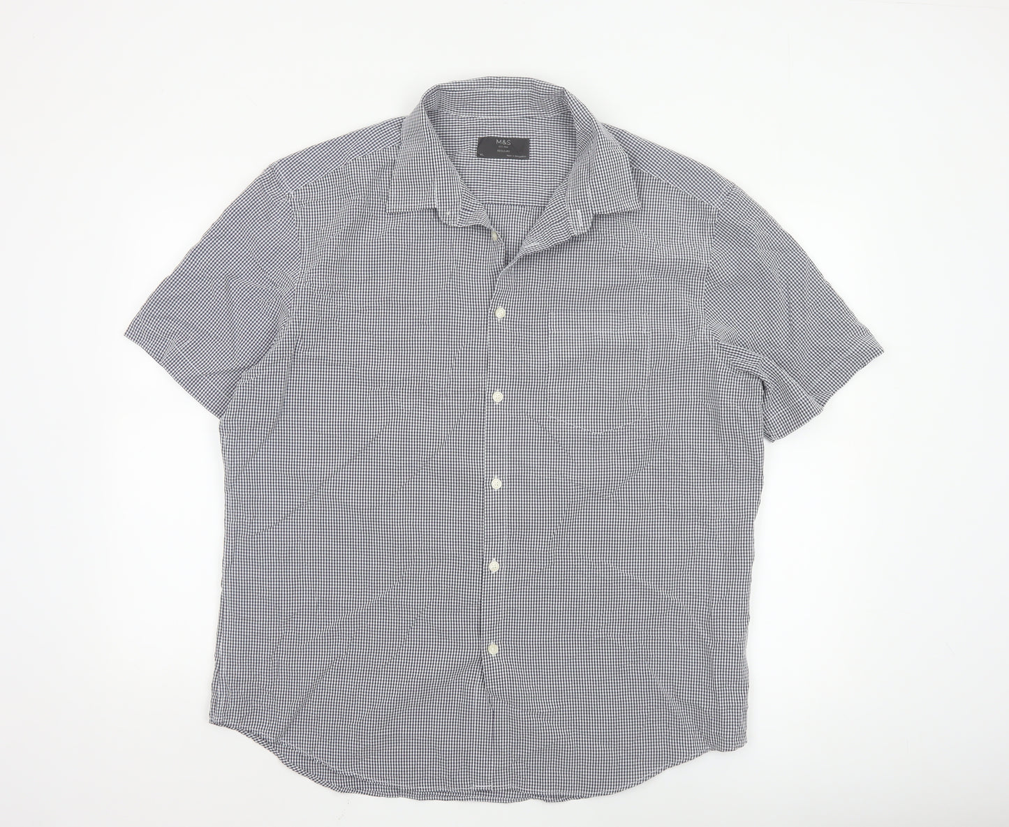 Marks and Spencer Men's Blue Check Regular Fit Short Sleeve Shirt XL
