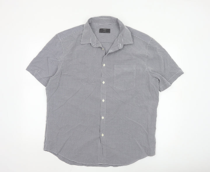 Marks and Spencer Men's Blue Check Regular Fit Short Sleeve Shirt XL