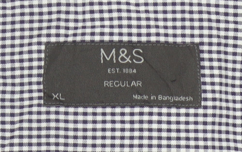 Marks and Spencer Men's Blue Check Regular Fit Short Sleeve Shirt XL