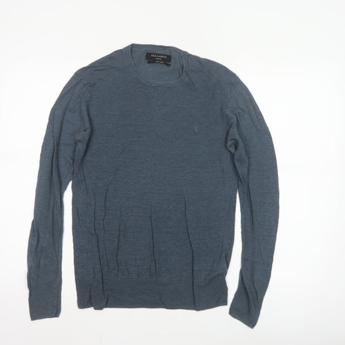 AllSaints Men Blue Linen Crew Neck Lightweight Pullover Jumper M