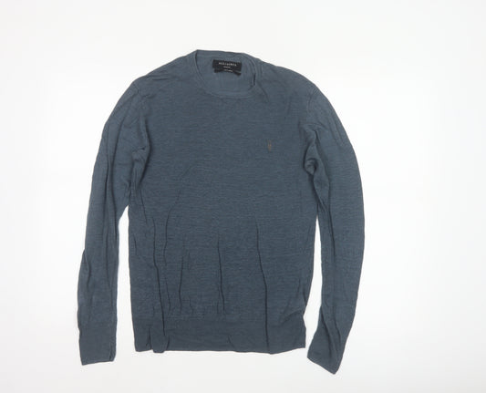 AllSaints Men Blue Linen Crew Neck Lightweight Pullover Jumper M