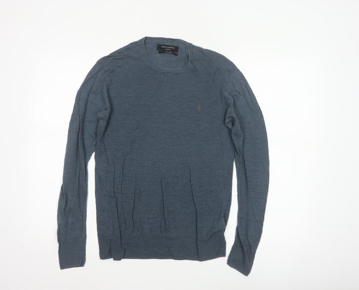 AllSaints Men Blue Linen Crew Neck Lightweight Pullover Jumper M