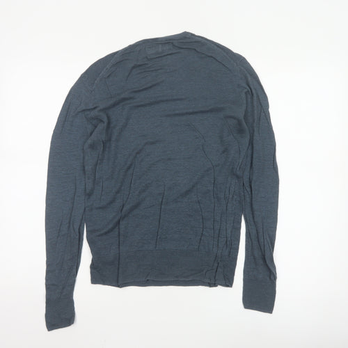 AllSaints Men Blue Linen Crew Neck Lightweight Pullover Jumper M