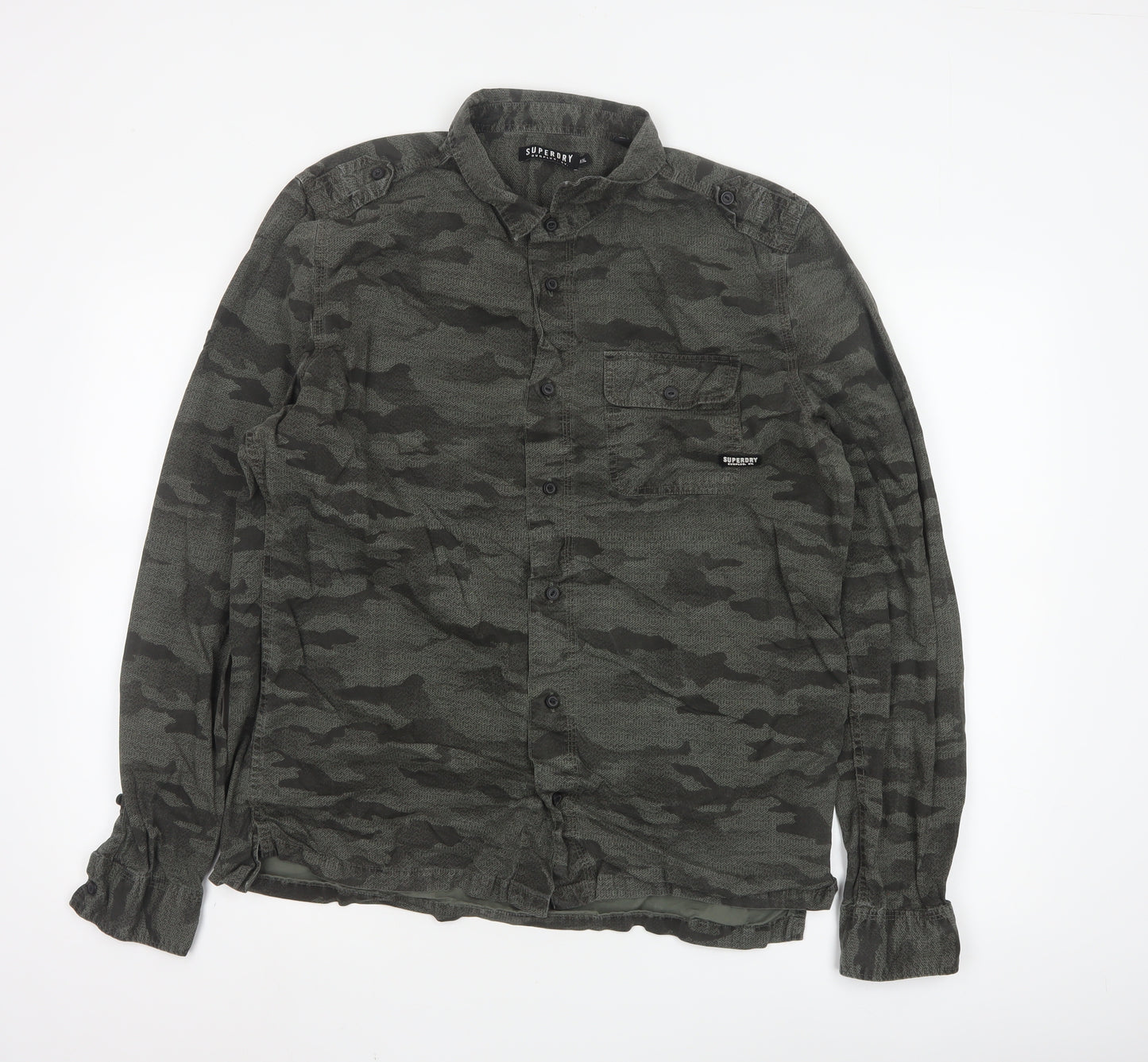 Superdry Men's Green Camo Button-Up Long Sleeve Cotton Shirt XXL