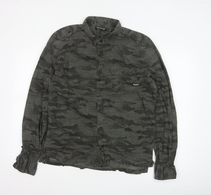 Superdry Men's Green Camo Button-Up Long Sleeve Cotton Shirt XXL