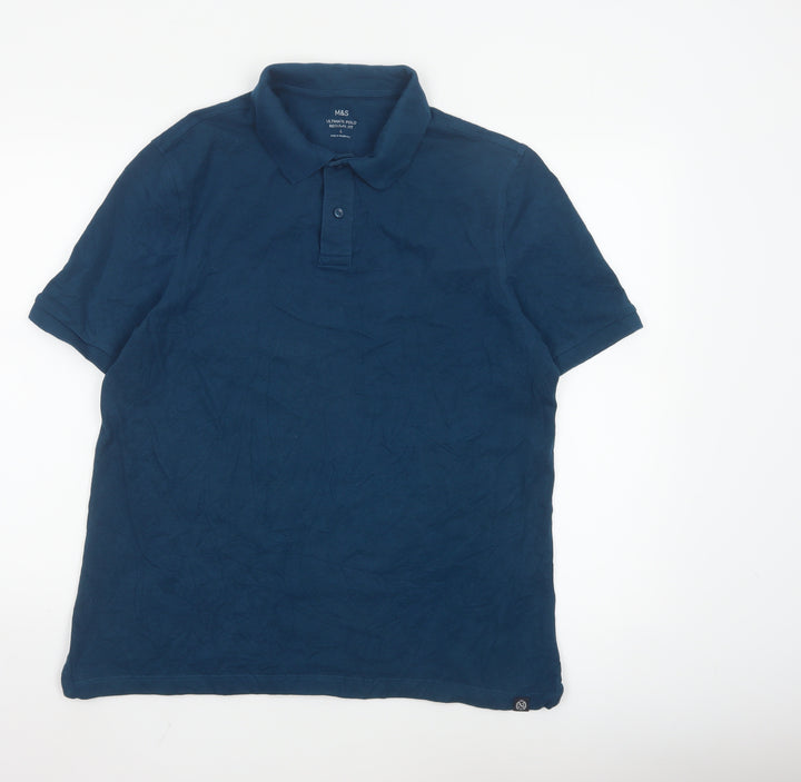 Marks and Spencer Men's Blue Regular Fit Cotton Polo Shirt L