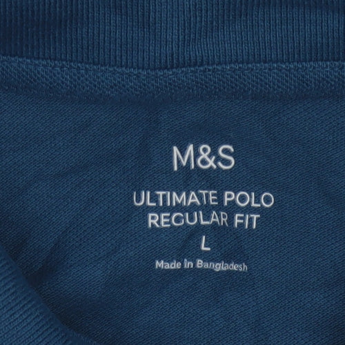 Marks and Spencer Men's Blue Regular Fit Cotton Polo Shirt L