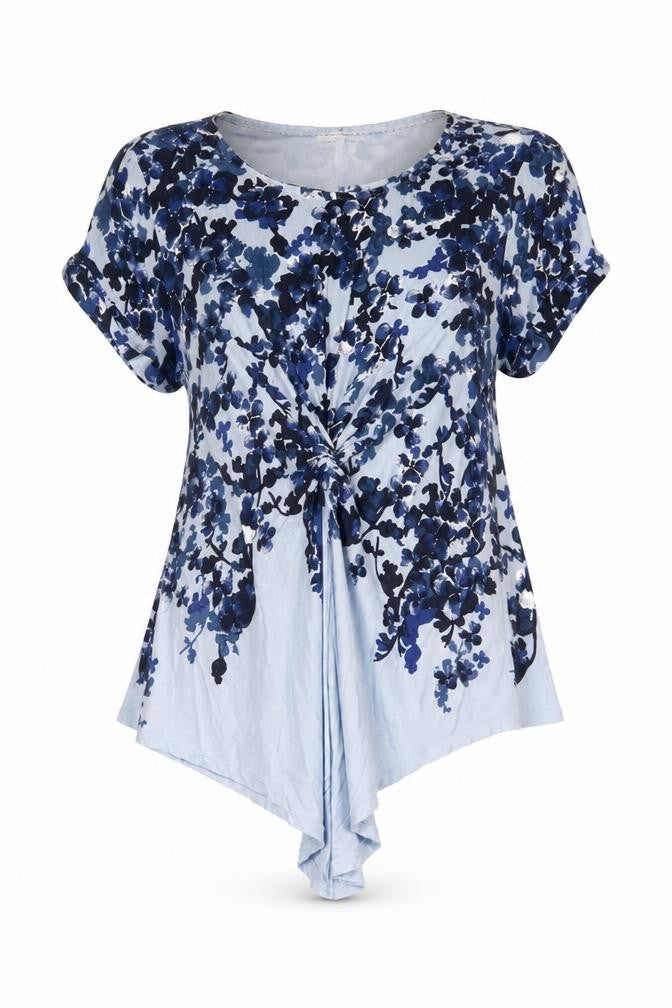 Front view of RJR.John Rocha women’s blue floral tunic blouse, size UK 12