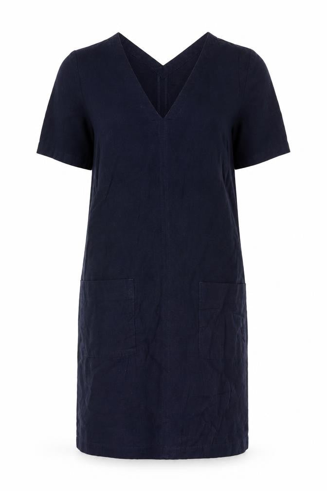 Front view of Marks & Spencer Women’s Navy Linen Blend Shift Dress, size UK 6