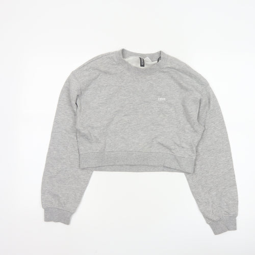 H&M Divided Womens Grey XS Cropped Pullover Sweatshirt Love Embroidered