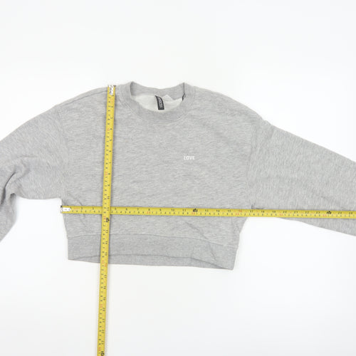H&M Divided Womens Grey XS Cropped Pullover Sweatshirt Love Embroidered