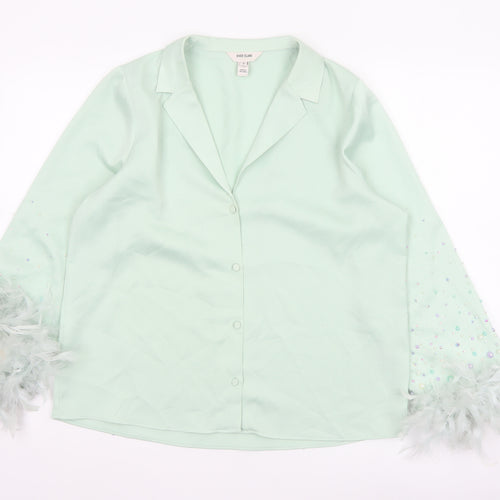 River Island Women Green Button-Up Beaded Feather Sleeve Shirt UK 10