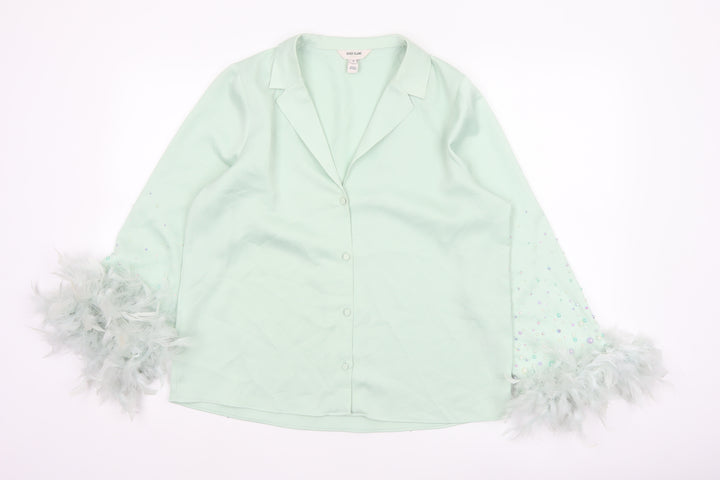 River Island Women Green Button-Up Beaded Feather Sleeve Shirt UK 10