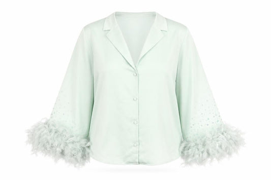 Front view of River Island Women Green Button-Up Beaded Feather Sleeve Shirt UK 10
