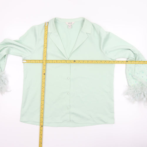 River Island Women Green Button-Up Beaded Feather Sleeve Shirt UK 10