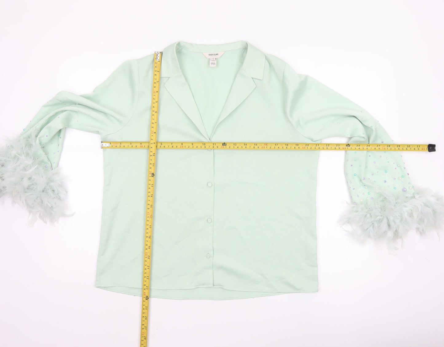 River Island Women Green Button-Up Beaded Feather Sleeve Shirt UK 10