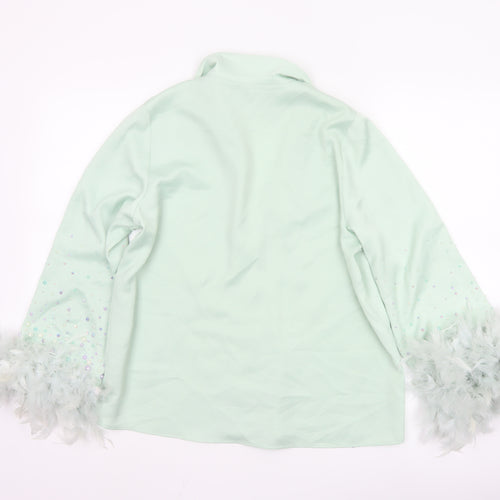 River Island Women Green Button-Up Beaded Feather Sleeve Shirt UK 10