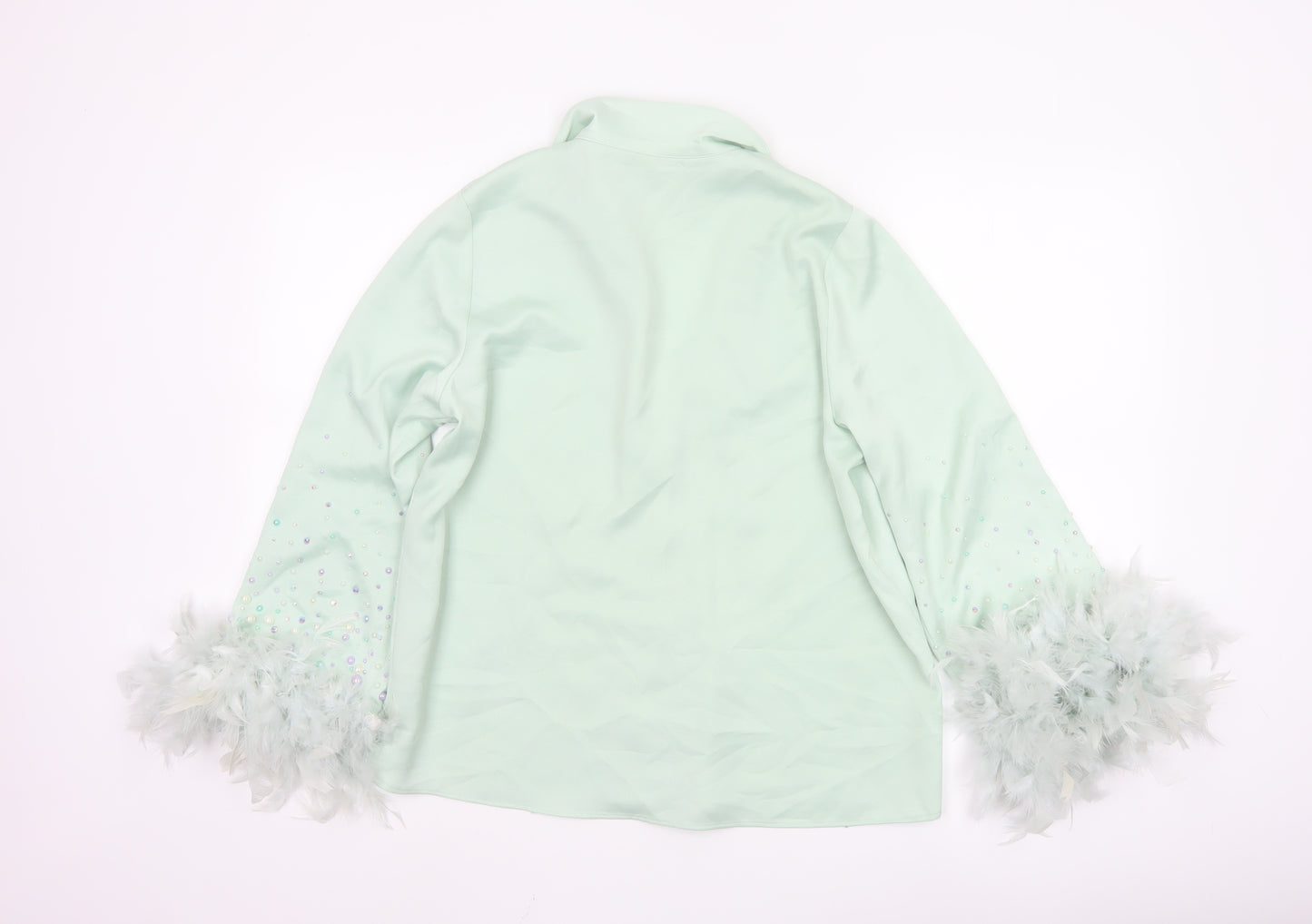River Island Women Green Button-Up Beaded Feather Sleeve Shirt UK 10