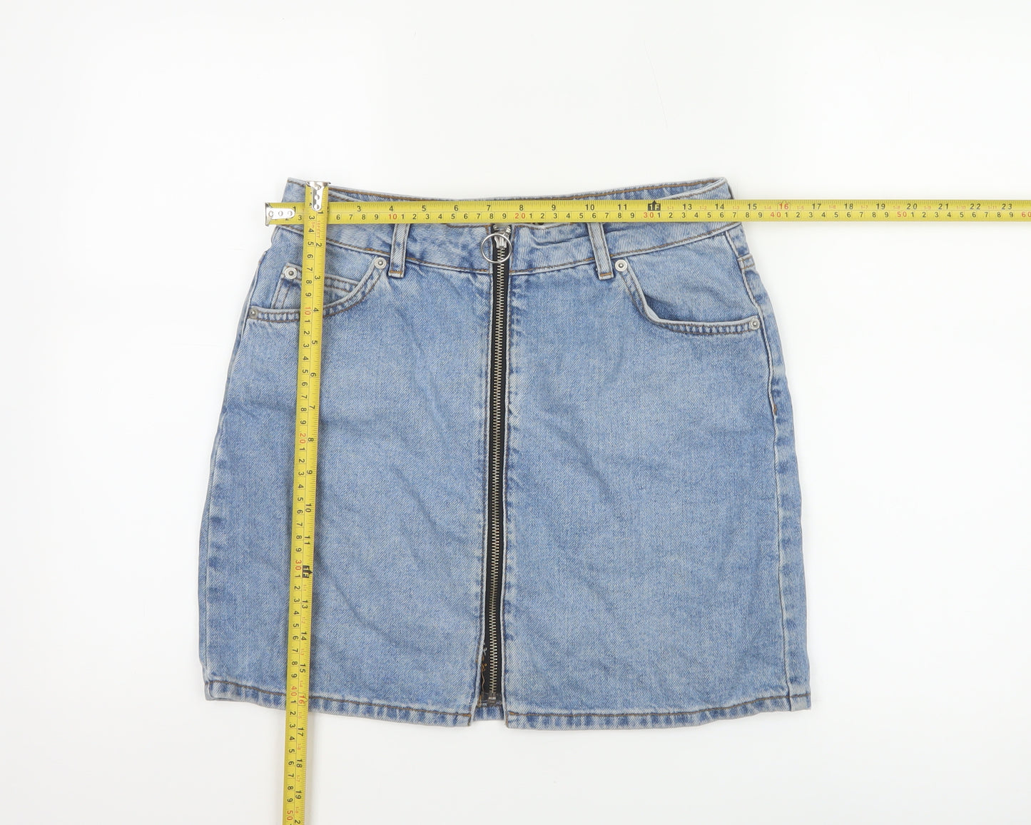 Topshop Women Blue Denim Zip Front Mini Skirt Size 10 Tall