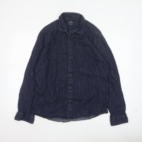 Marks and Spencer Men's Blue Denim Long Sleeve Regular Fit Shirt L