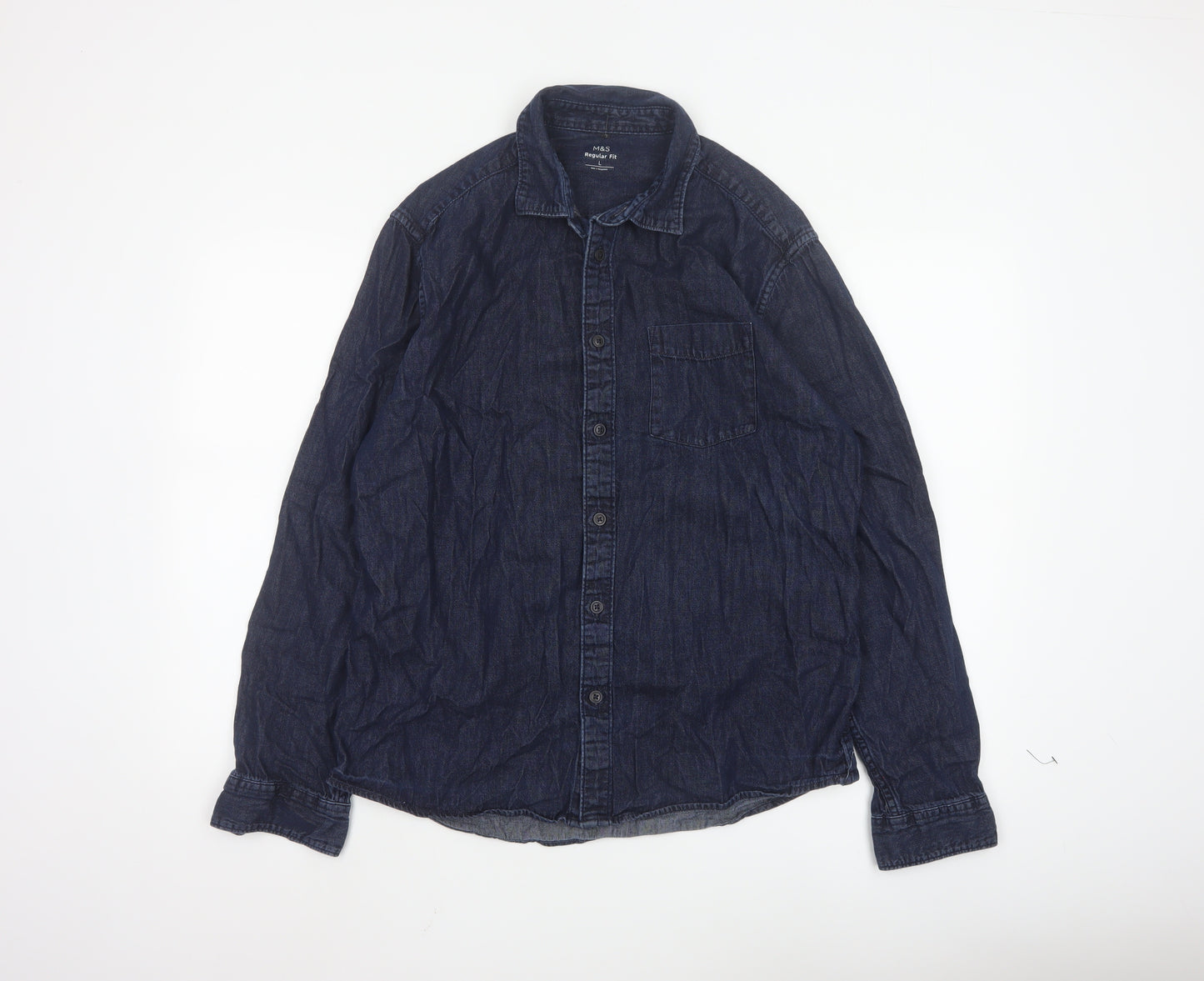 Marks and Spencer Men's Blue Denim Long Sleeve Regular Fit Shirt L
