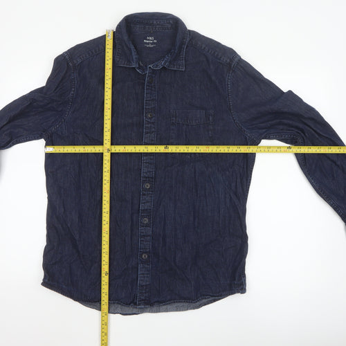Marks and Spencer Men's Blue Denim Long Sleeve Regular Fit Shirt L