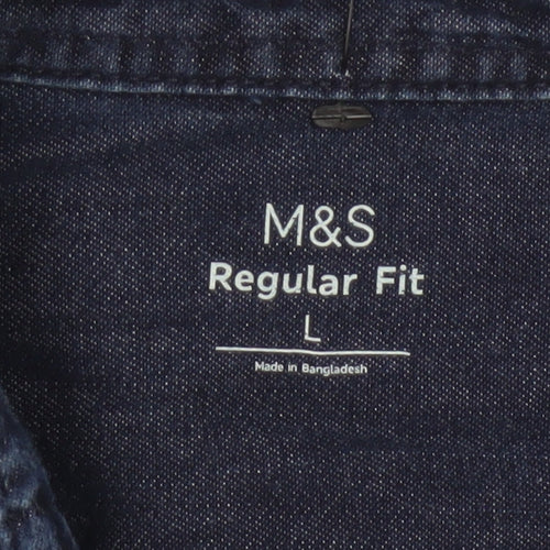 Marks and Spencer Men's Blue Denim Long Sleeve Regular Fit Shirt L
