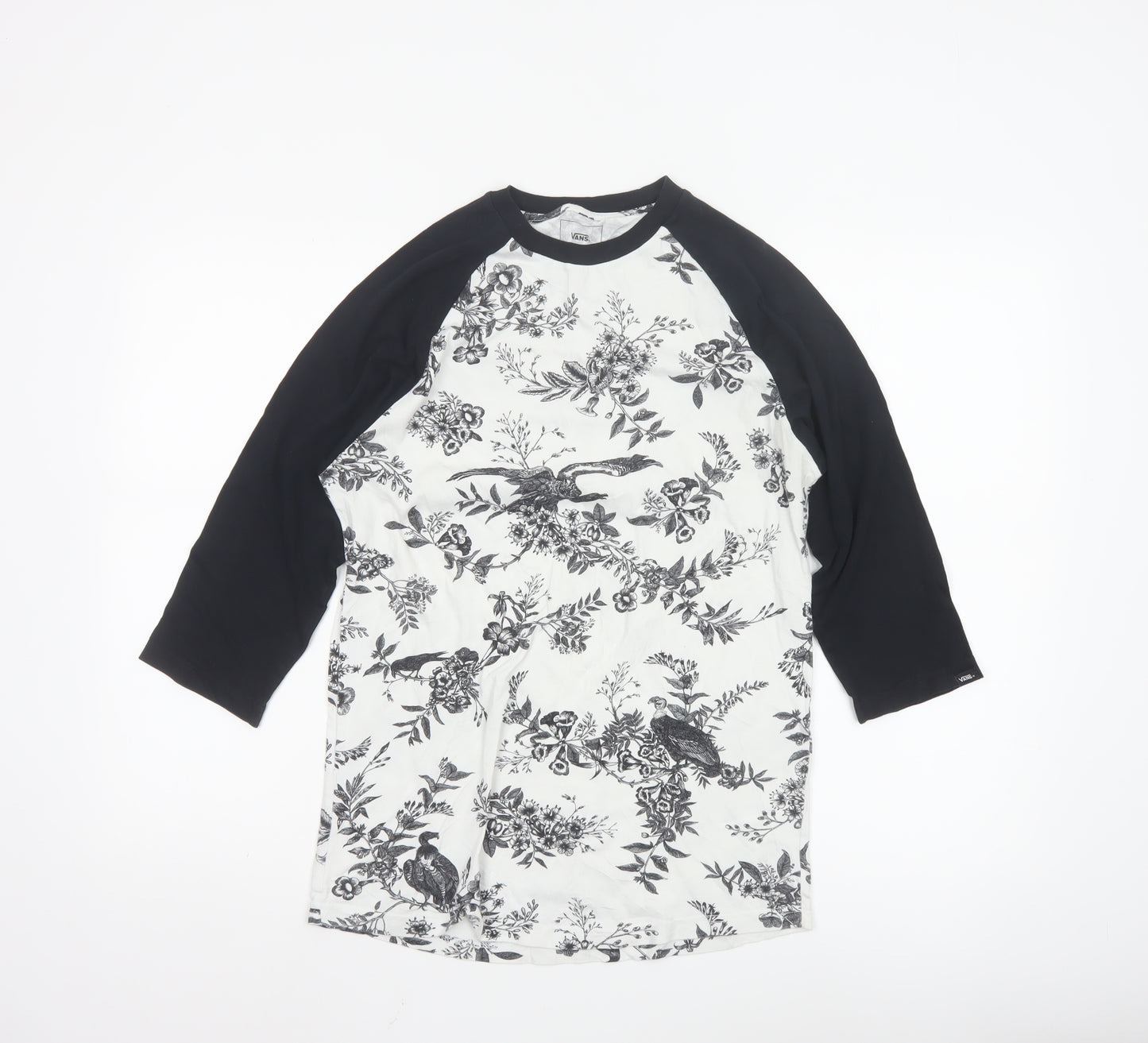 Vans Men's Black & White Floral Bird Raglan 3/4 Sleeve T-Shirt Small