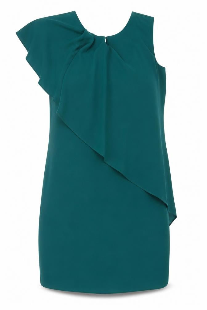 Front view of Next Women’s Green Asymmetric Ruffle Sheath Dress, size UK 14