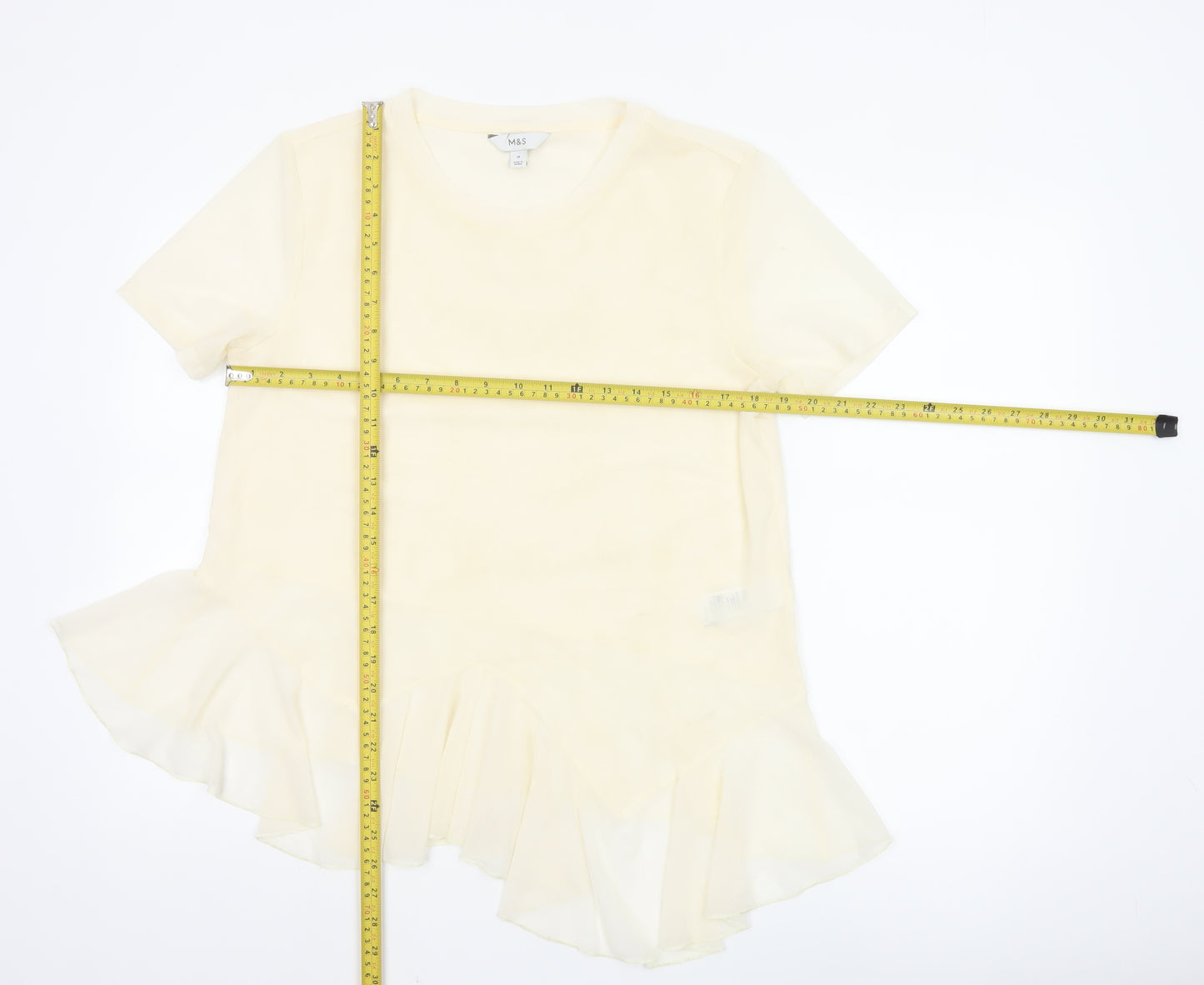 Marks and Spencer Womens Beige Short Sleeve Ruffle Hem Top Size 14