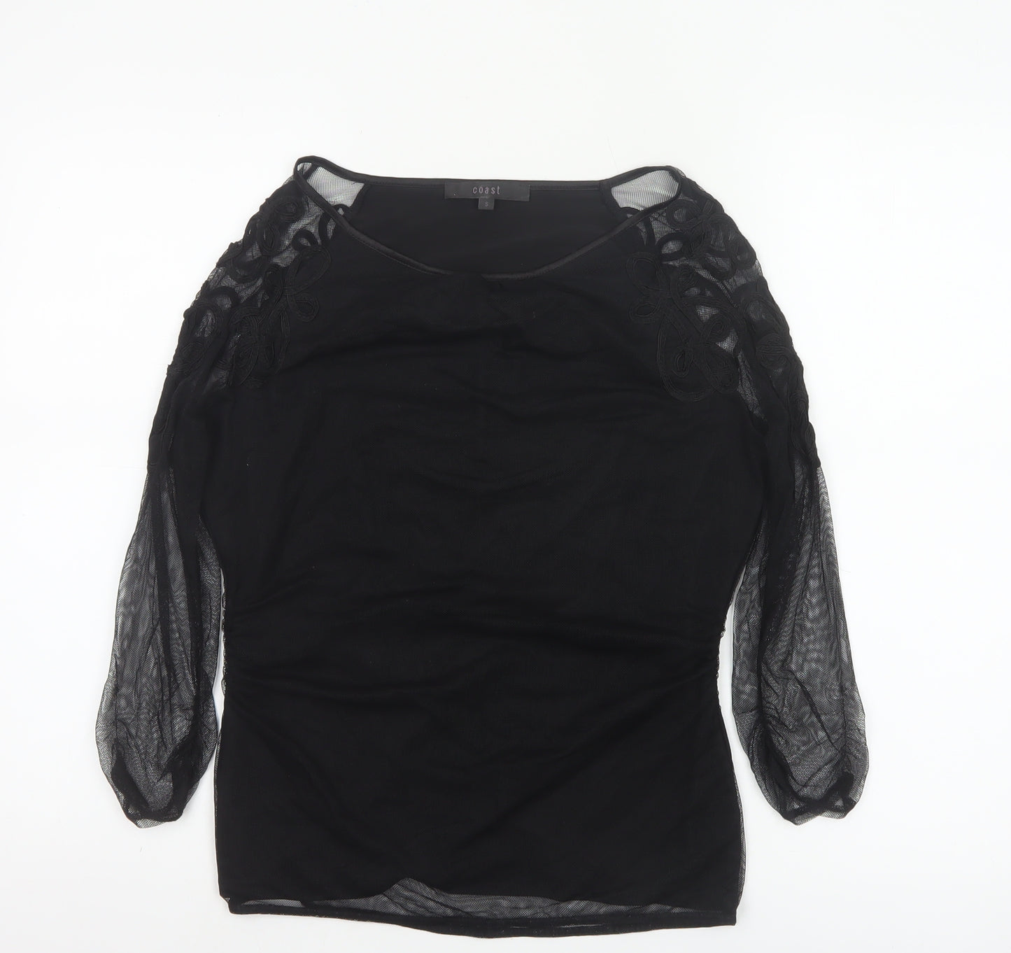 Coast Women’s Black Sheer Embroidered Long Sleeve Tunic Blouse Size S