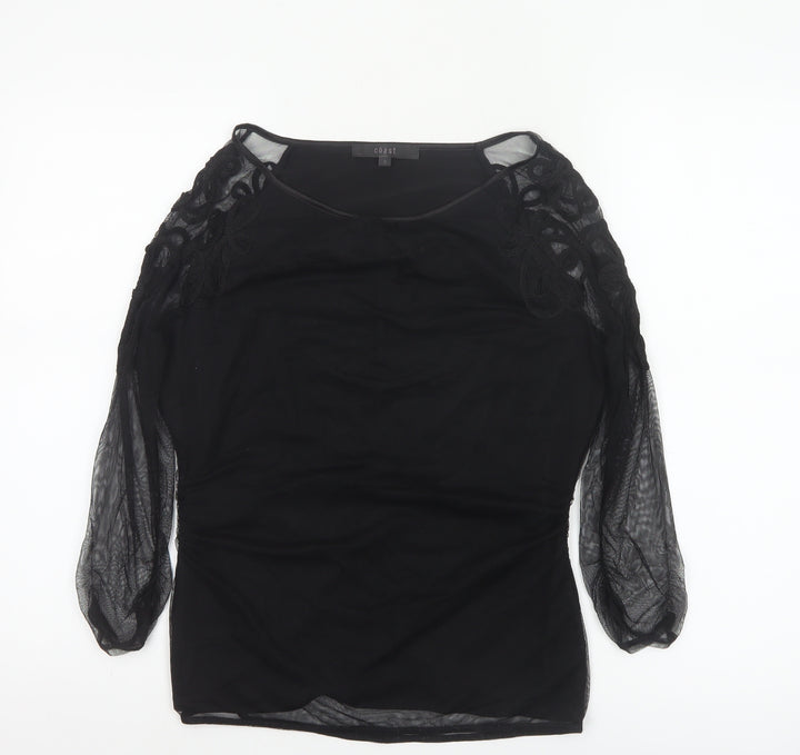 Coast Women’s Black Sheer Embroidered Long Sleeve Tunic Blouse Size S