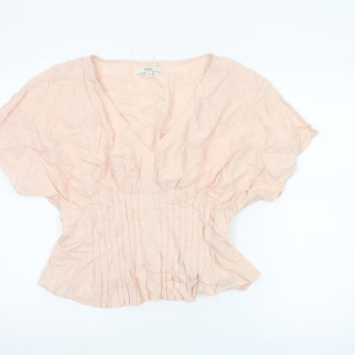 Marks and Spencer Women Beige Linen Viscose Pleated V-Neck Tunic Blouse Size 12