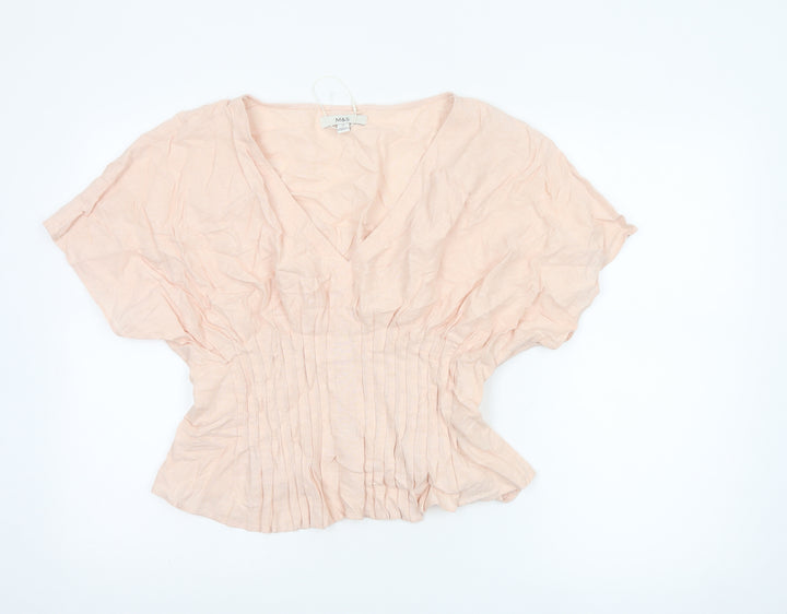 Marks and Spencer Women Beige Linen Viscose Pleated V-Neck Tunic Blouse Size 12