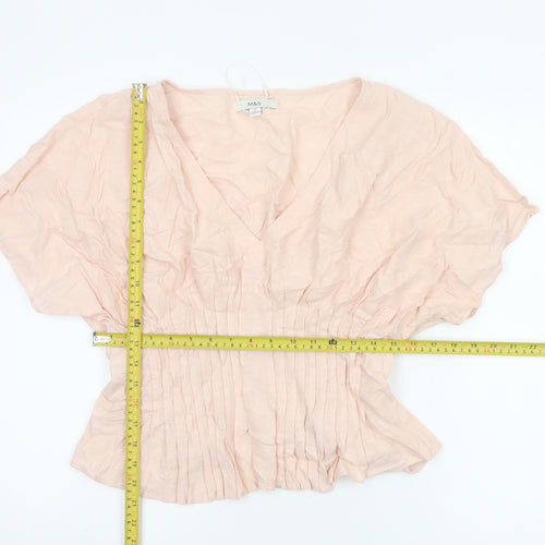 Marks and Spencer Women Beige Linen Viscose Pleated V-Neck Tunic Blouse Size 12