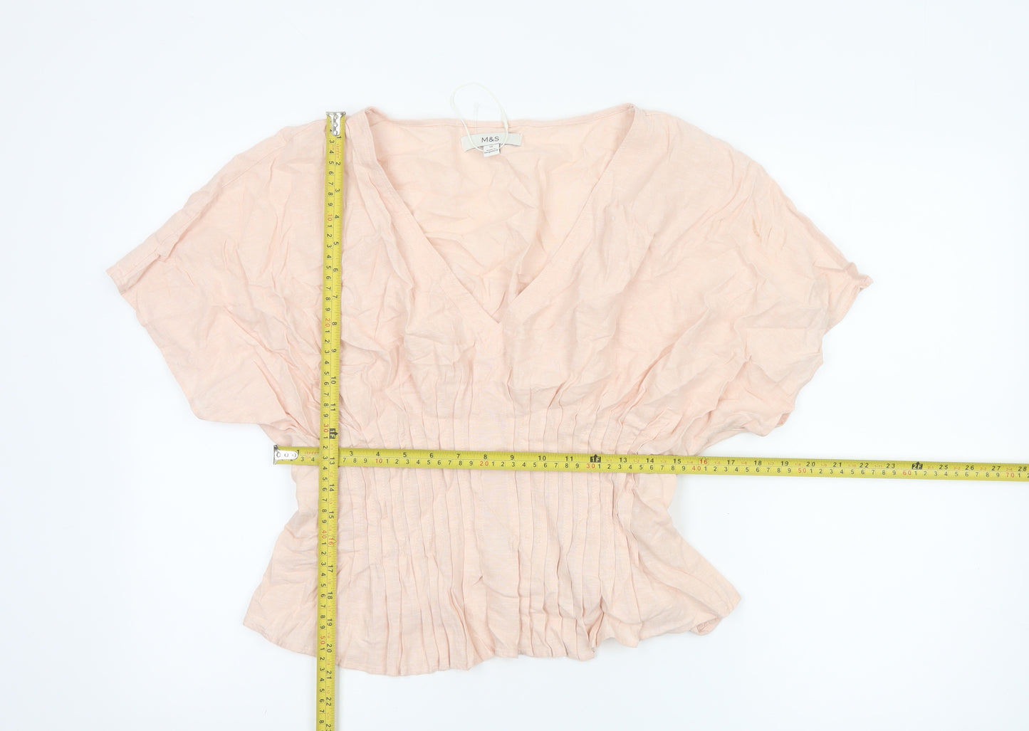 Marks and Spencer Women Beige Linen Viscose Pleated V-Neck Tunic Blouse Size 12