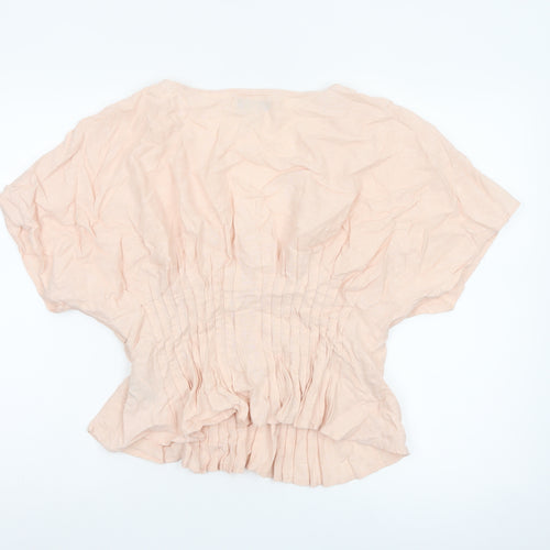 Marks and Spencer Women Beige Linen Viscose Pleated V-Neck Tunic Blouse Size 12