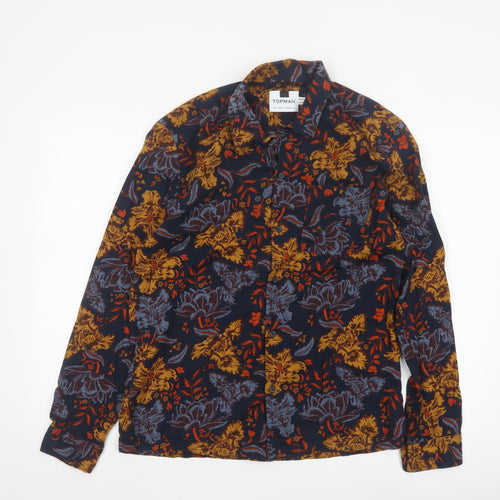 Topman Men's Navy Floral Long Sleeve Button-Up Shirt Size L