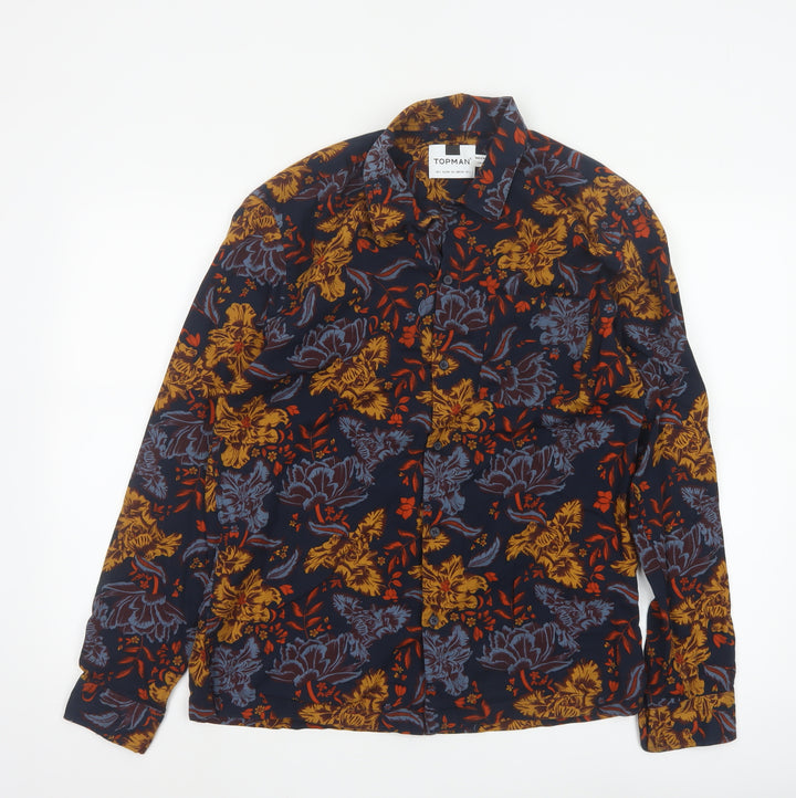Topman Men's Navy Floral Long Sleeve Button-Up Shirt Size L