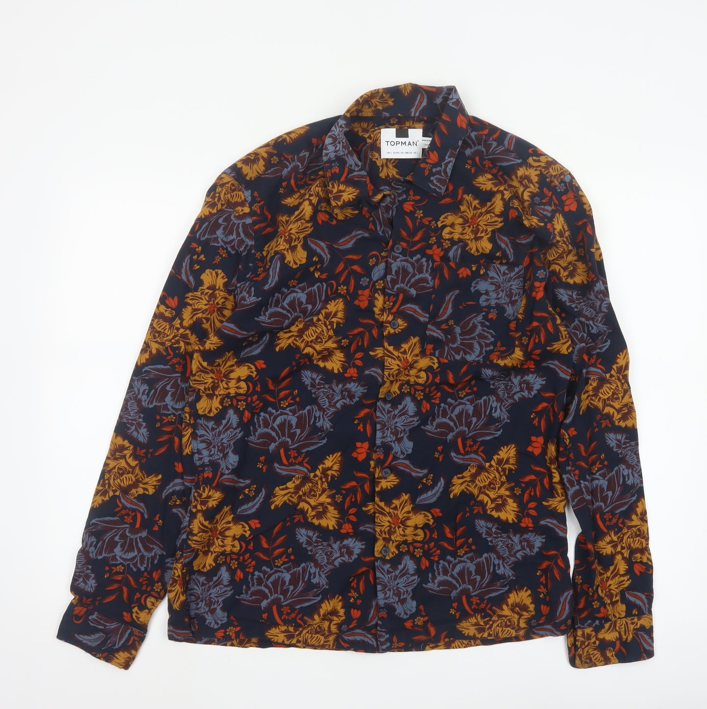 Topman Men's Navy Floral Long Sleeve Button-Up Shirt Size L