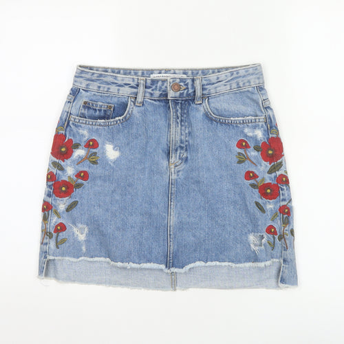 Zara Women Blue Embroidered Floral Denim Short Skirt XS