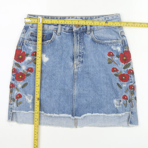 Zara Women Blue Embroidered Floral Denim Short Skirt XS