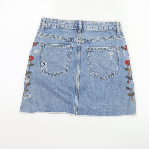 Zara Women Blue Embroidered Floral Denim Short Skirt XS